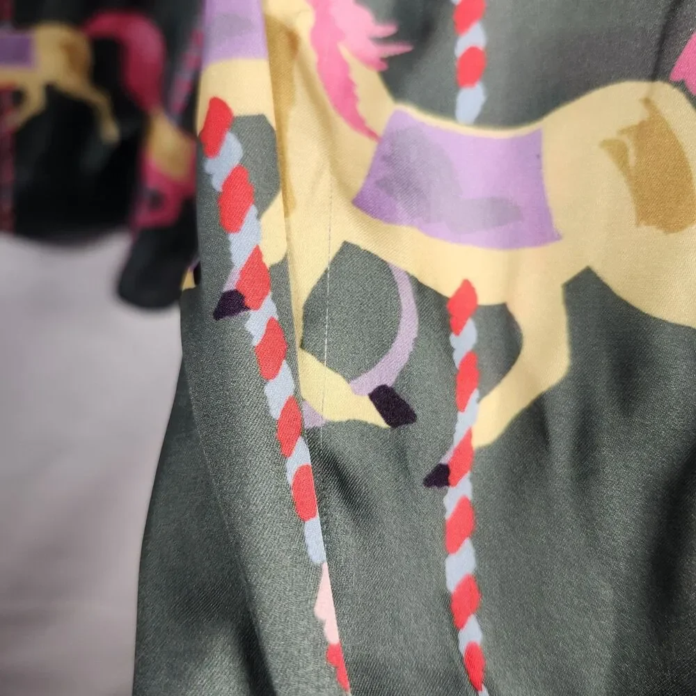 Karen Mabon Whimsical CAROUSEL Satin Pajama Shirt Women's Size XLARGE Green RARE